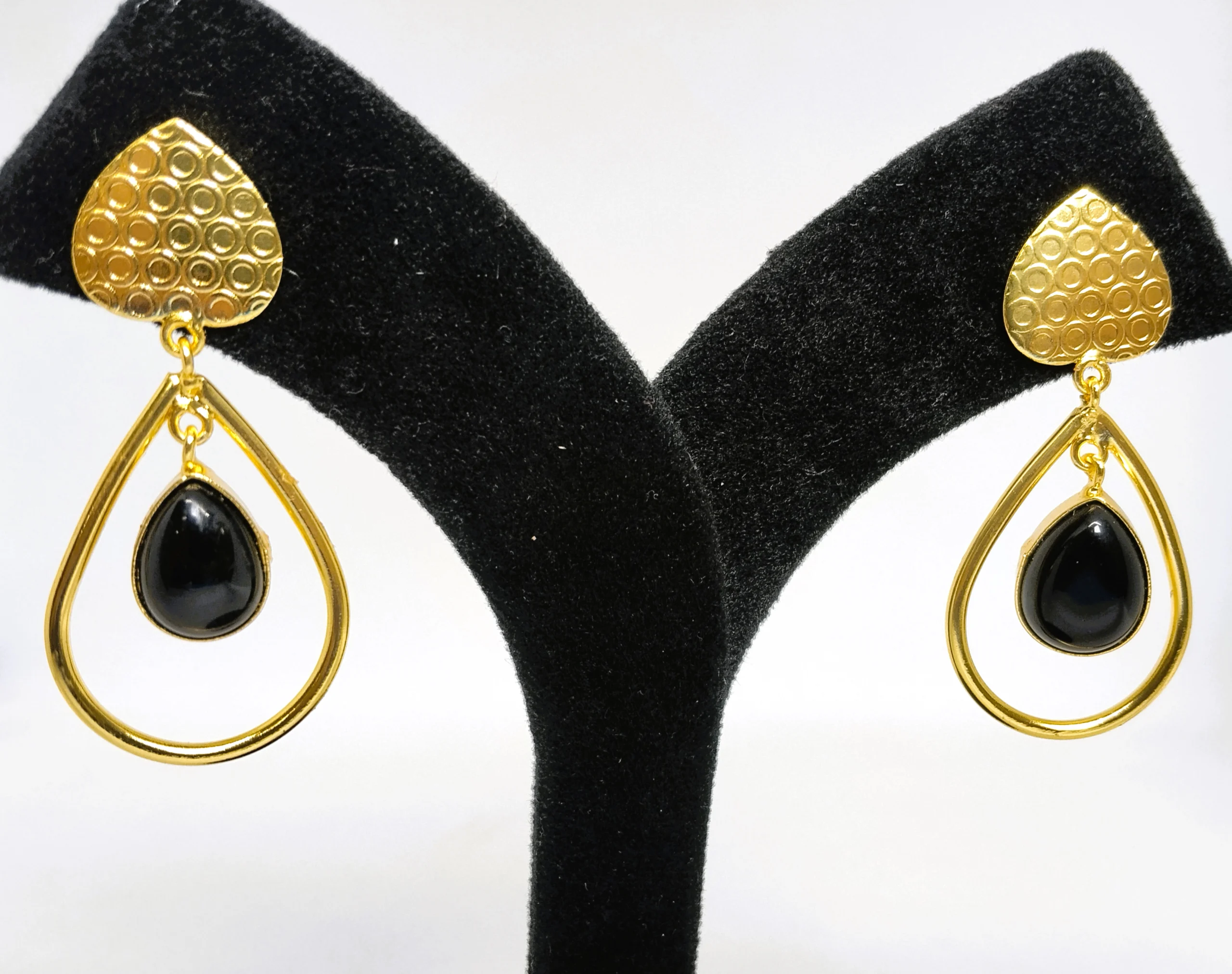 Black Onyx Teardrop Gold Drop Earrings | Textured 18k Gold-Tone Dangle Earrings for Women - Image 2