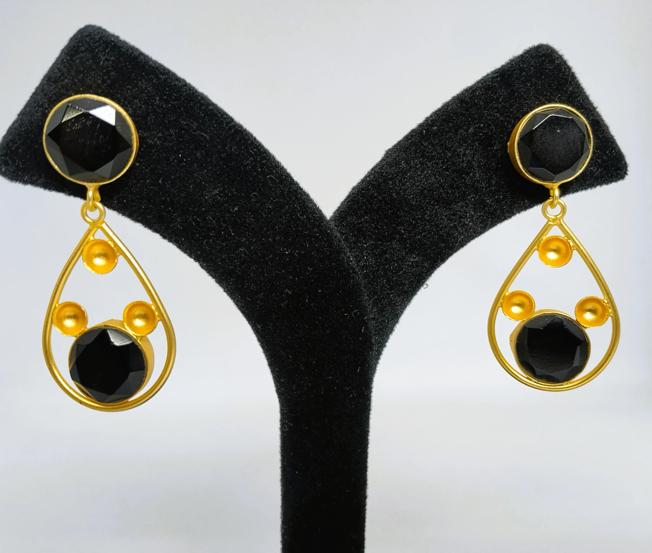 Black Onyx Double Stone Gold Drop Earrings | Teardrop Dangle Earrings for Women - Image 3