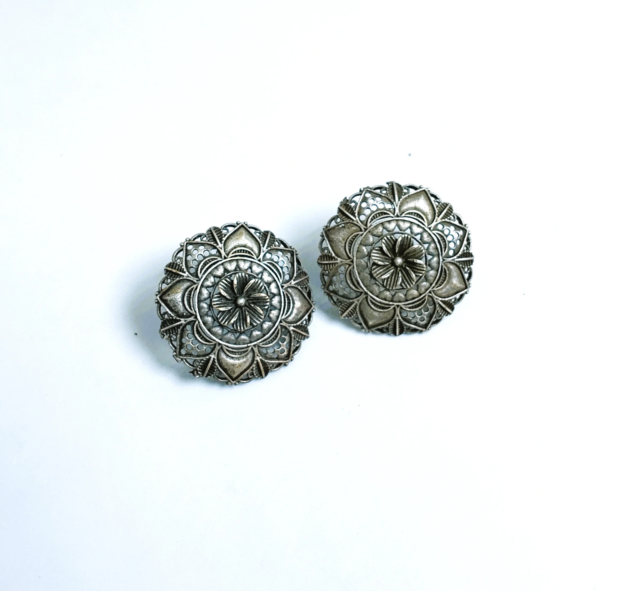 Vintage Silver Floral Stud Earrings – Antique Oxidised Flower Earrings | Boho Ethnic Earrings - Image 3