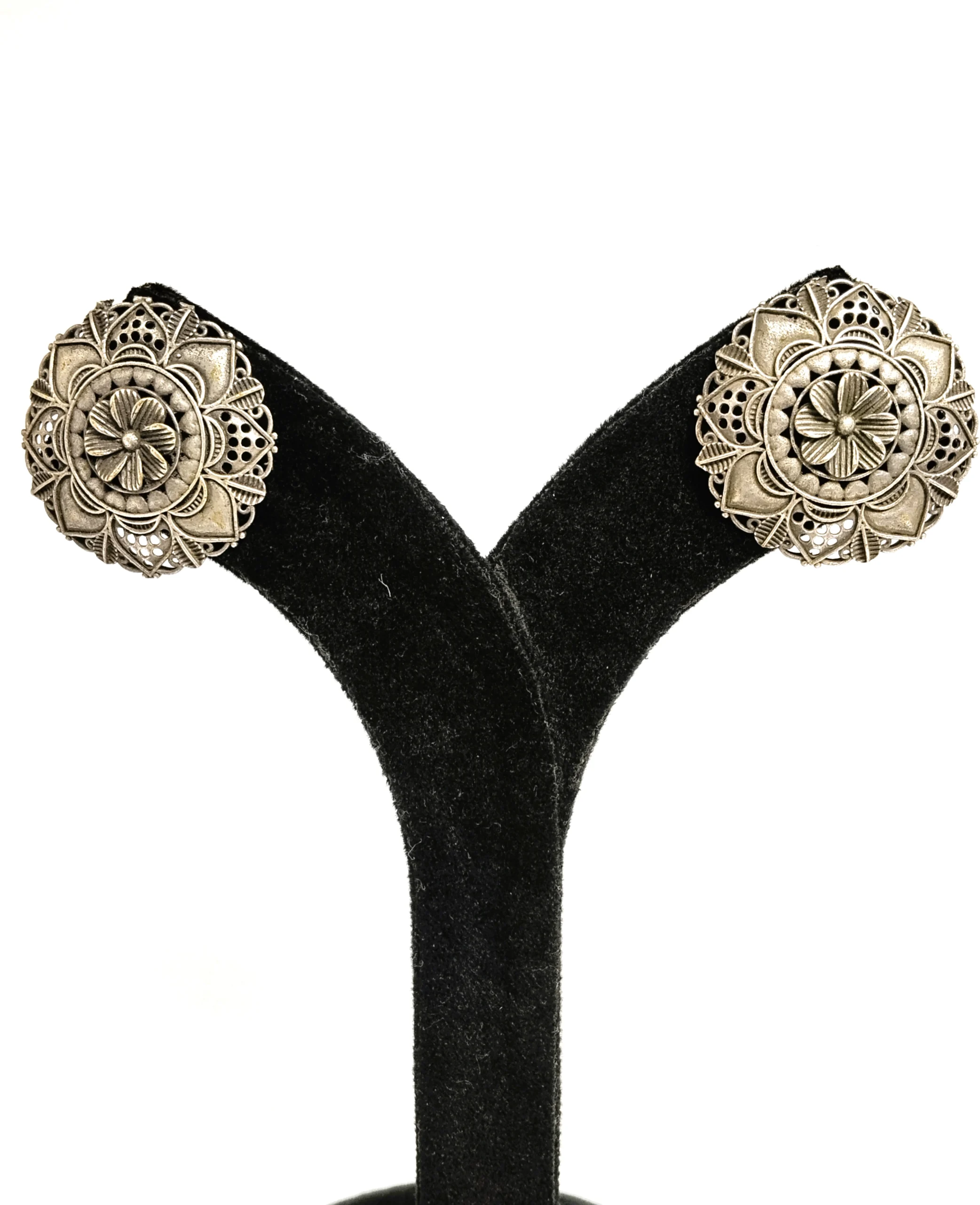 Vintage Silver Floral Stud Earrings – Antique Oxidised Flower Earrings | Boho Ethnic Earrings - Image 2