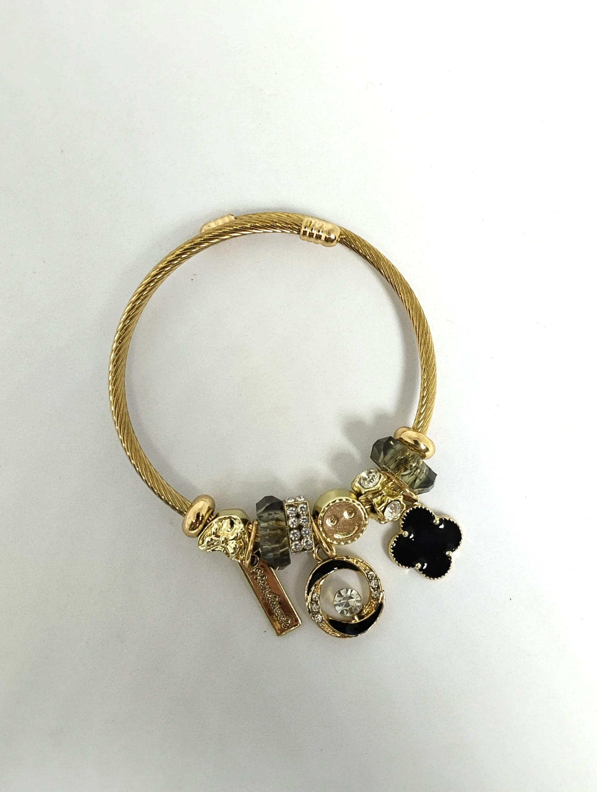Gold Charm Bangle Bracelet – Crystal & Clover Multi Charm Cuff | Luxury Pandora Style Bracelet - Image 3