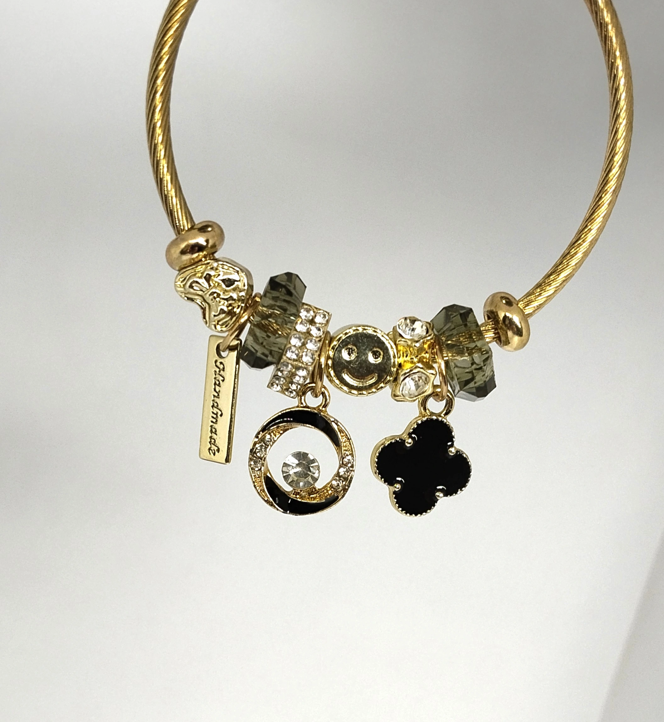 Gold Charm Bangle Bracelet – Crystal & Clover Multi Charm Cuff | Luxury Pandora Style Bracelet - Image 2