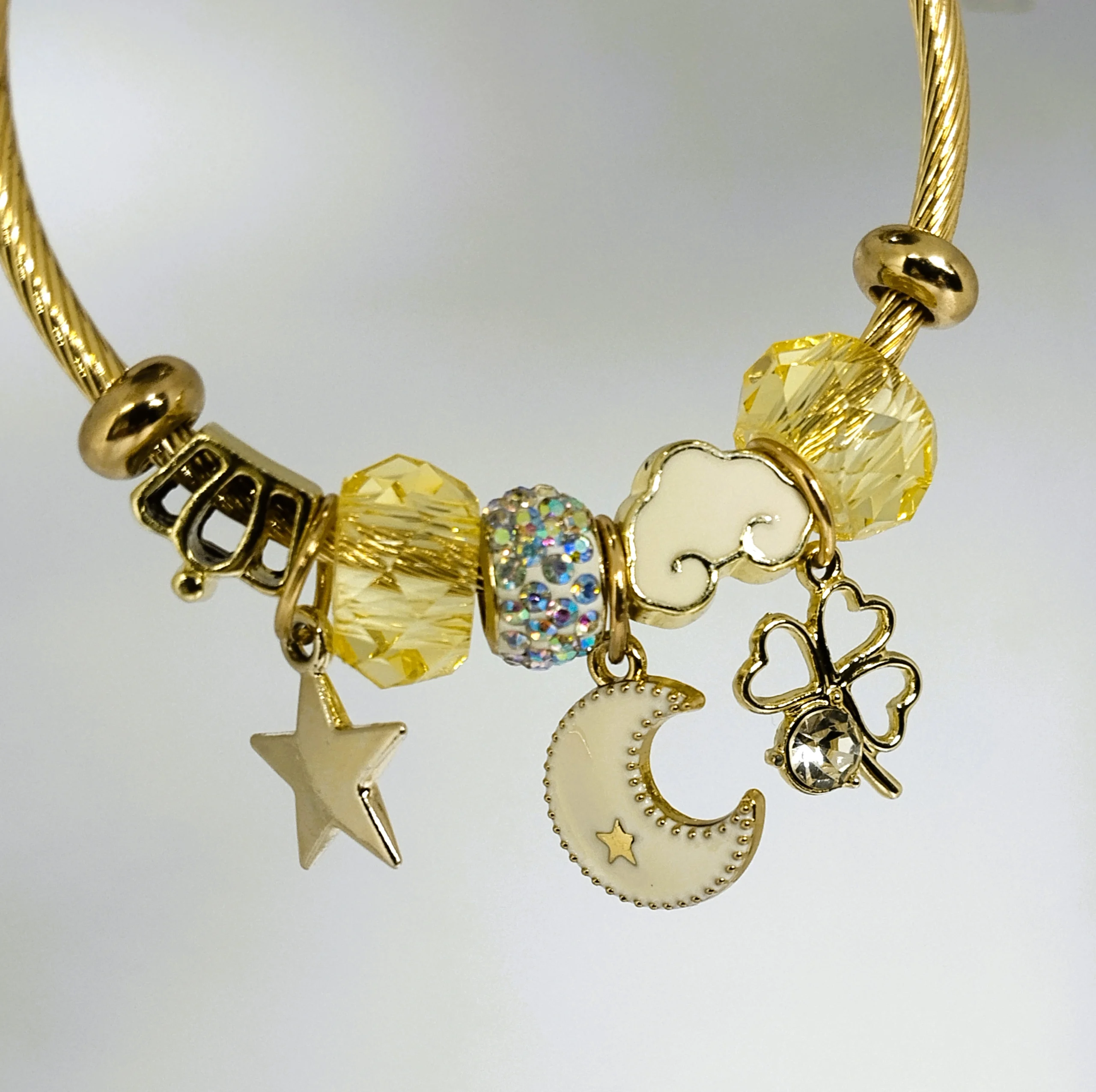 Gold Celestial Charm Bangle Bracelet – Moon Star & Cloud Multi Charm Cuff | Luxury Pandora Style Bracelet - Image 2