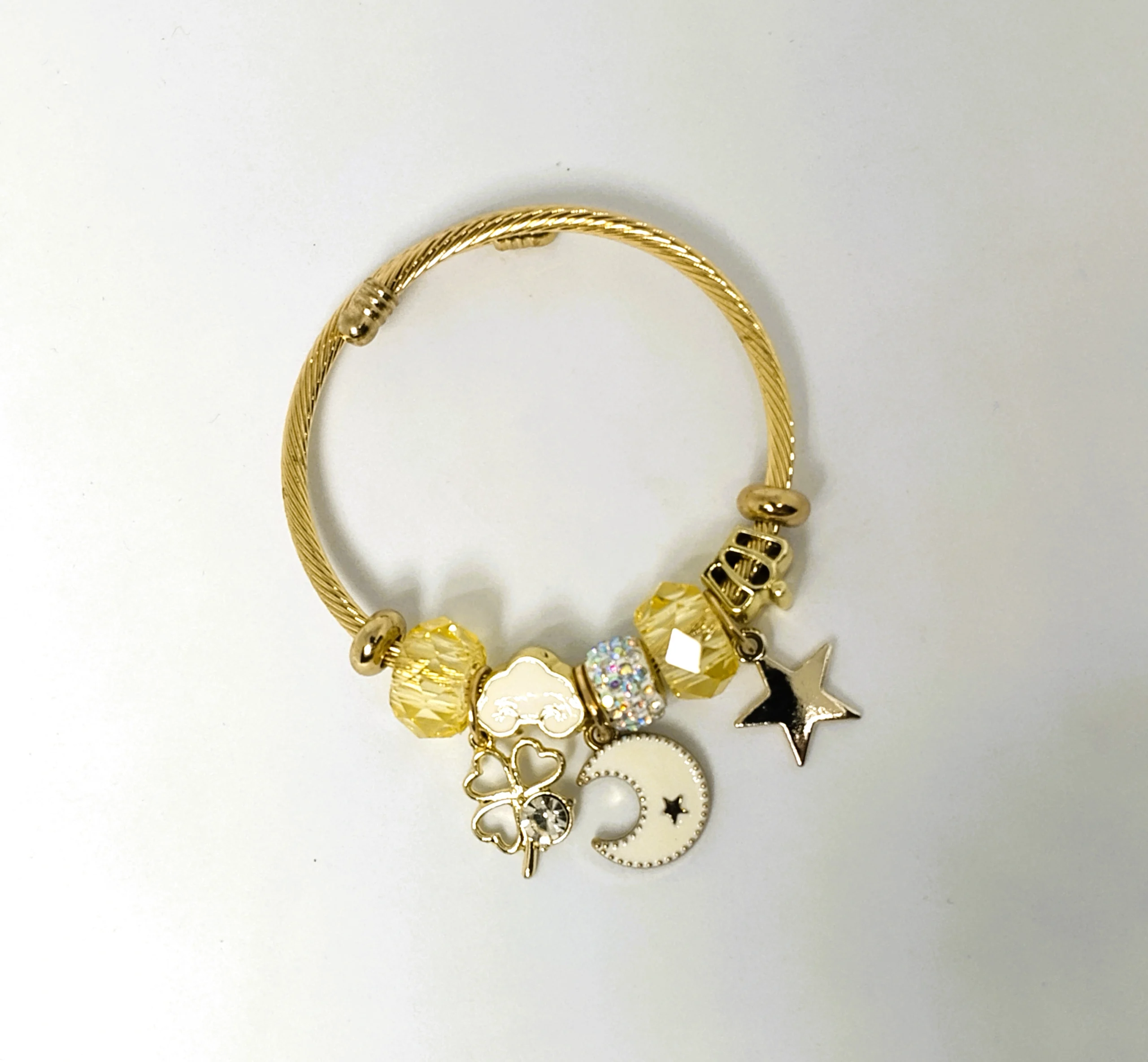 Gold Celestial Charm Bangle Bracelet – Moon Star & Cloud Multi Charm Cuff | Luxury Pandora Style Bracelet - Image 3