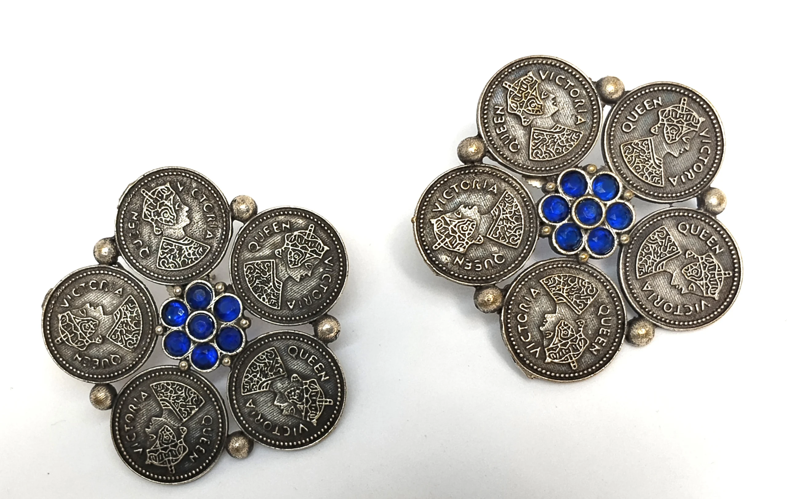 " Silver Queen Victoria Coin Cluster Earrings – Blue Crystal Antique Coin Stud Earrings | Vintage Ethnic Statement Earrings" - Image 2