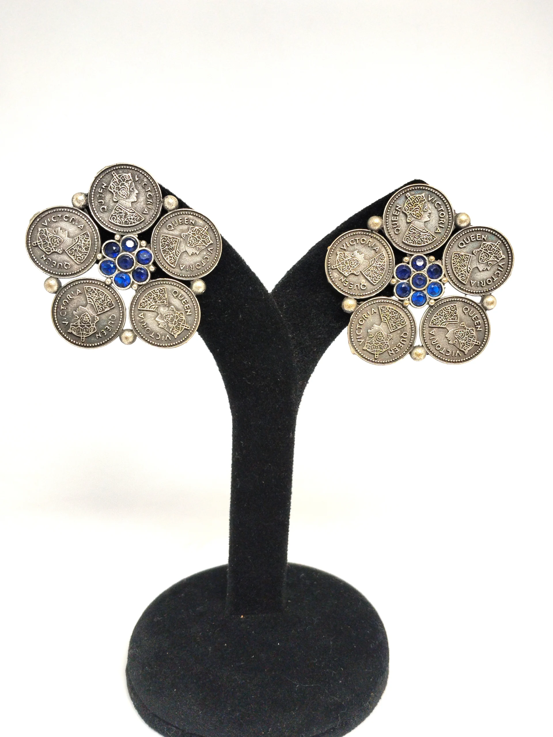 " Silver Queen Victoria Coin Cluster Earrings – Blue Crystal Antique Coin Stud Earrings | Vintage Ethnic Statement Earrings" - Image 3