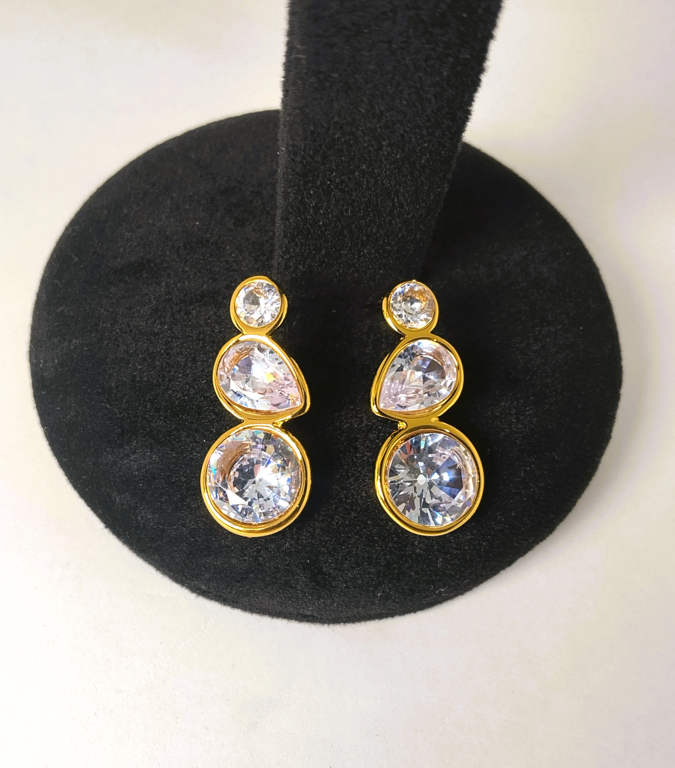 Brilliant Three-Stone Crystal Gold Stud Earrings - Image 2