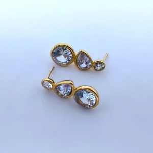 Brilliant Three-Stone Crystal Gold Stud Earrings