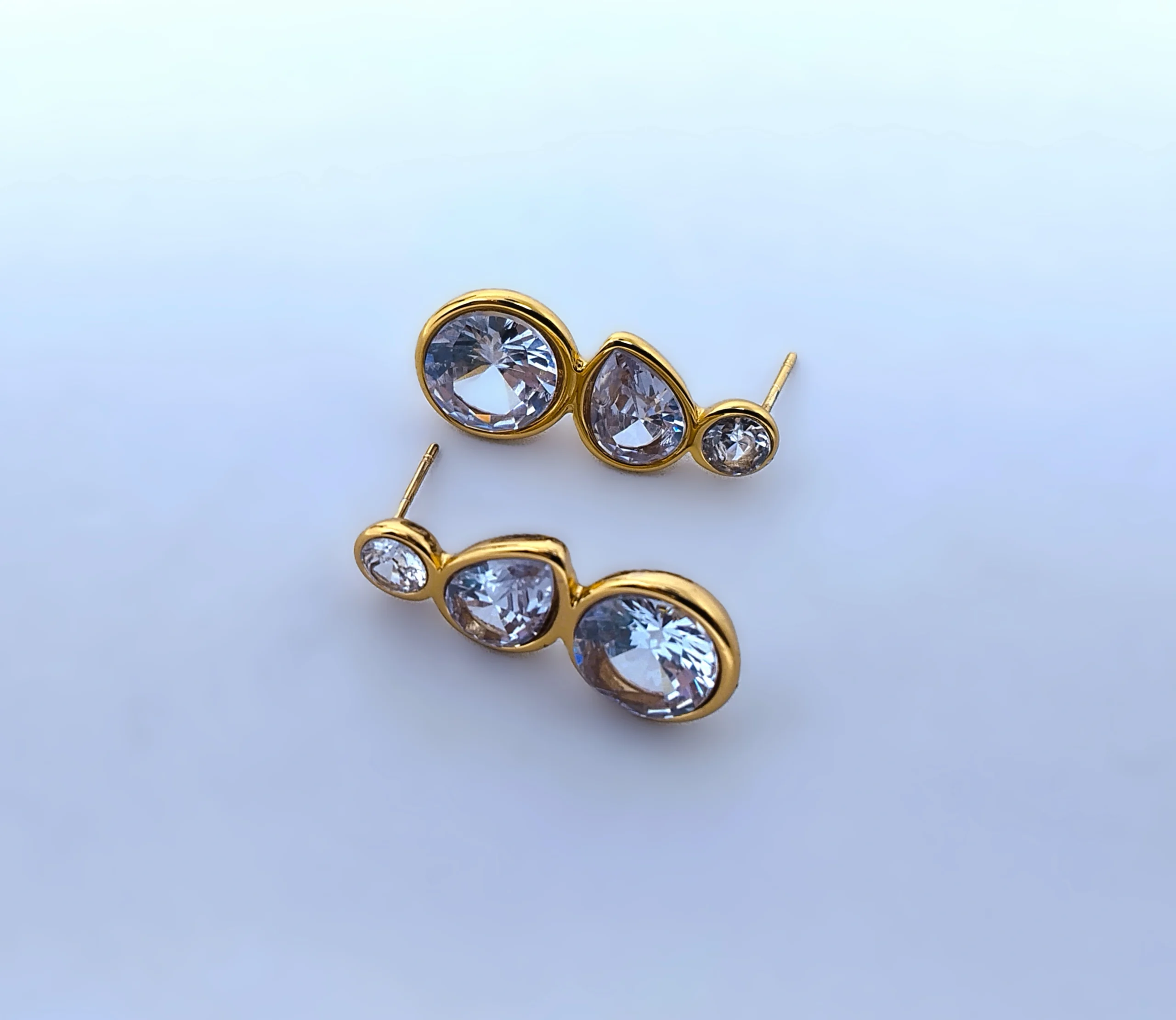 Brilliant Three-Stone Crystal Gold Stud Earrings