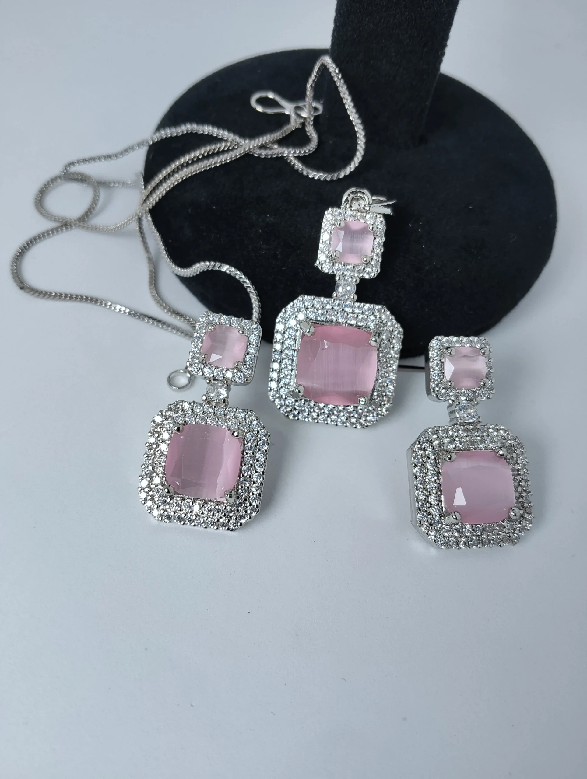 Blush Pink Crystal Halo Necklace & Earring Set - Image 2