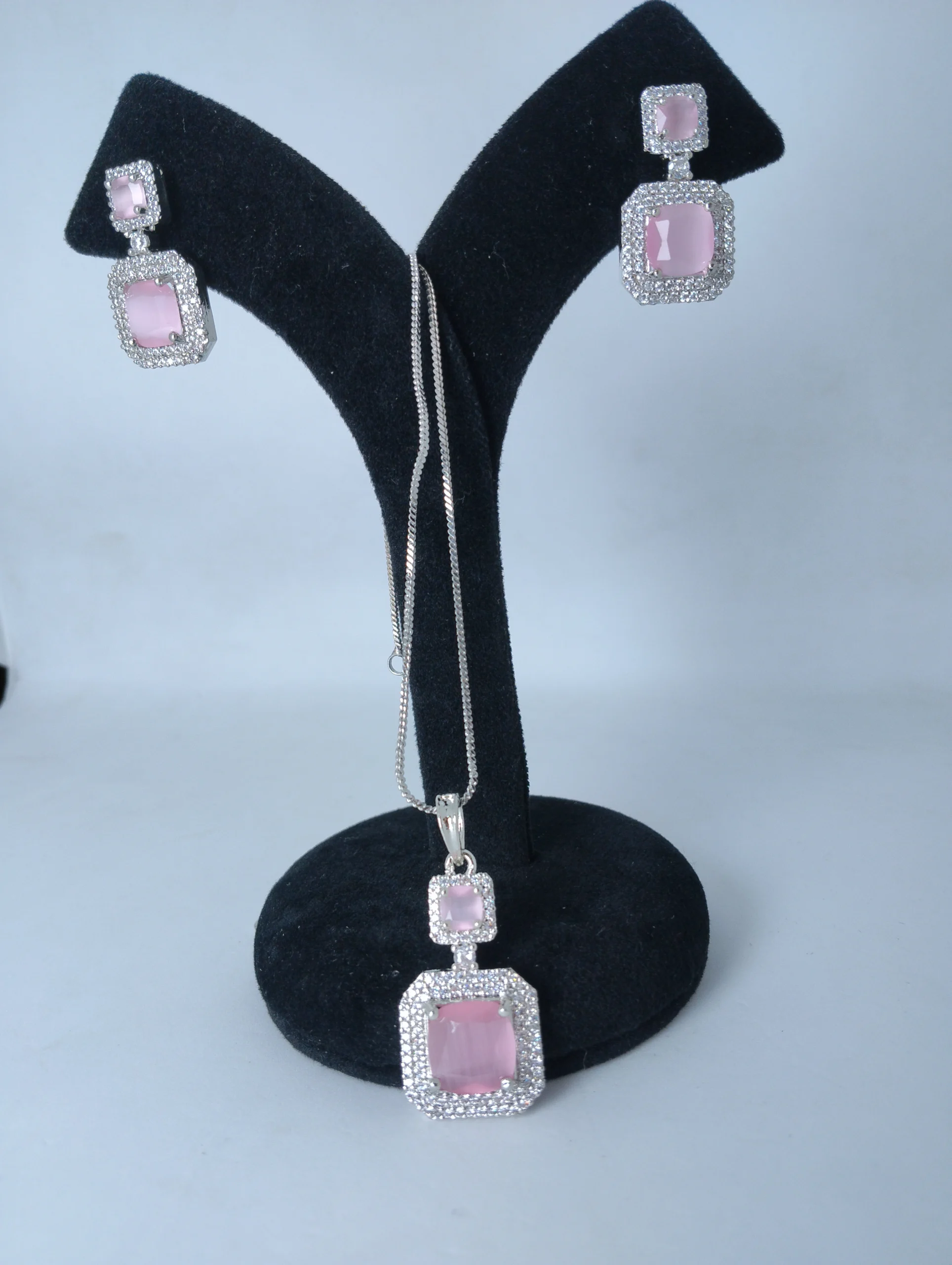 Blush Pink Crystal Halo Necklace & Earring Set - Image 3