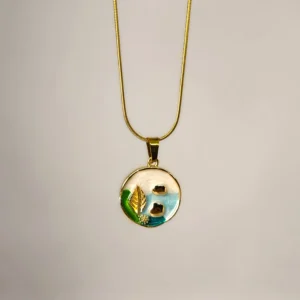 Artisanal Gold Leaf & River Stone Enamel Pendant Necklace
