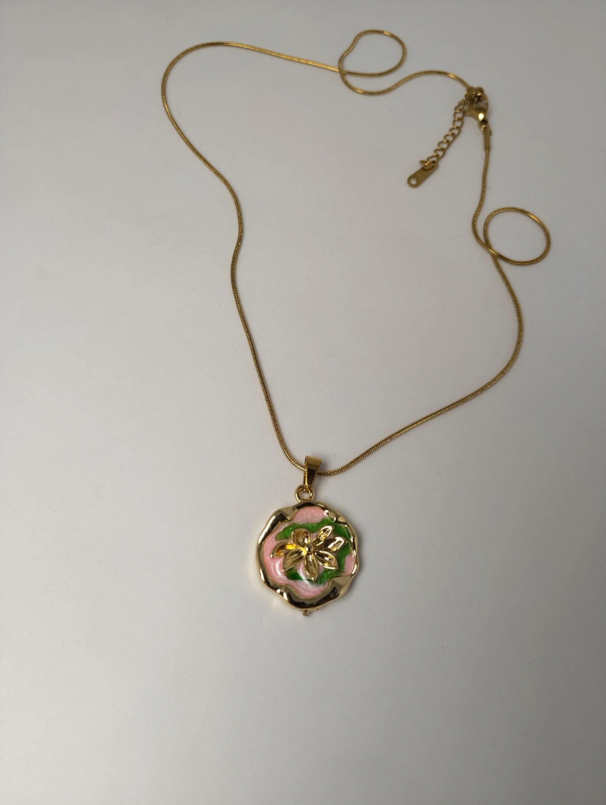 Artisanal Gold Floral Enamel Pendant Necklace - Image 3