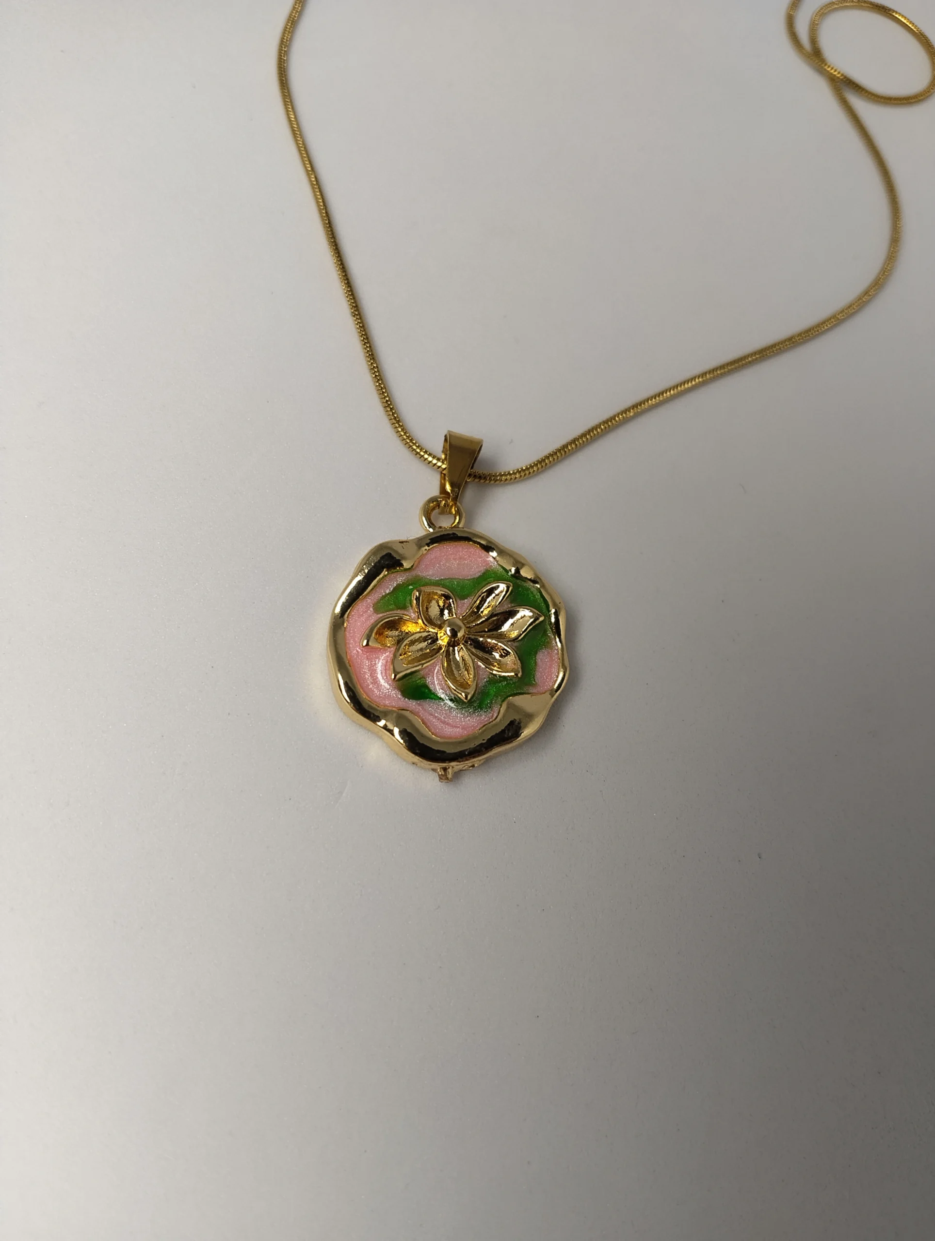 Artisanal Gold Floral Enamel Pendant Necklace - Image 2