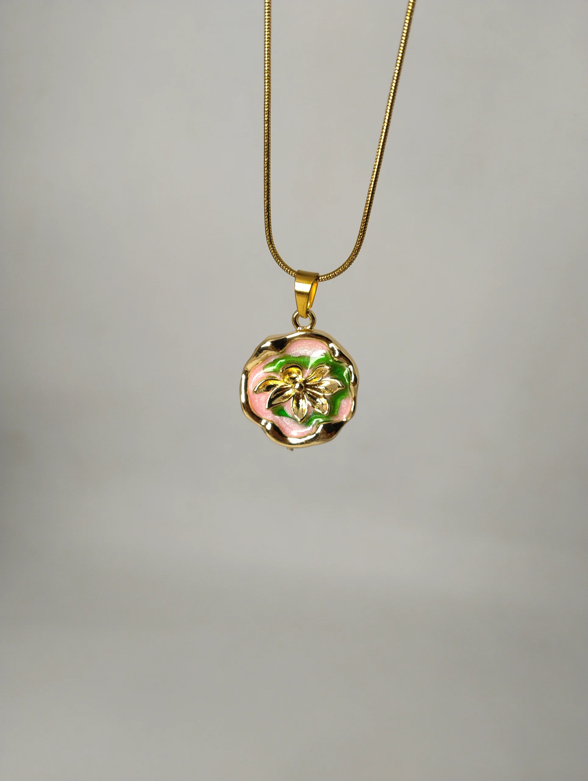 Artisanal Gold Floral Enamel Pendant Necklace