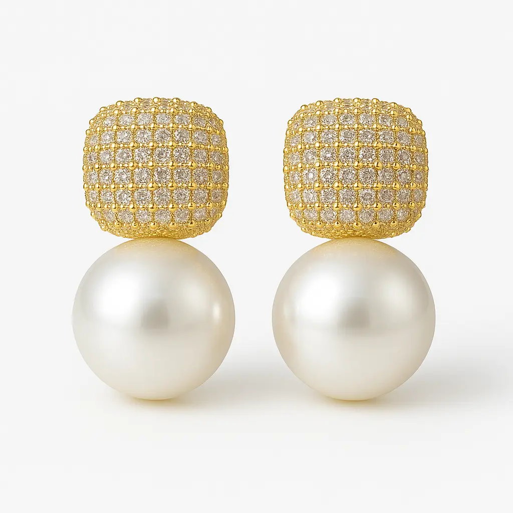 Elegant Gold Plated Pearl & Crystal Stud Earrings