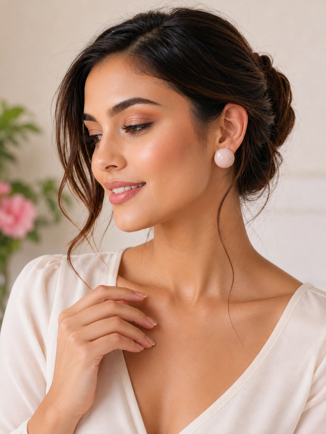 Vintage-Inspired Rose Seashell Nude Enamel Stud Earrings